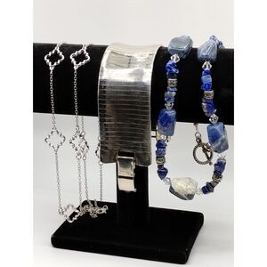 Vintage Blue Sodalite & Rolo Chain Necklaces & Silvertone Wrap Bracelet 3pc Set